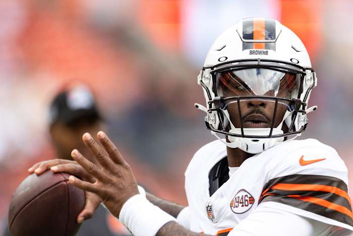 Oct 15, 2023; Cleveland, Ohio, USA; Cleveland Browns quarterback PJ Walker (10) throws the ball during warm ups before the game against the San Francisco 49ers at Cleveland Browns Stadium.